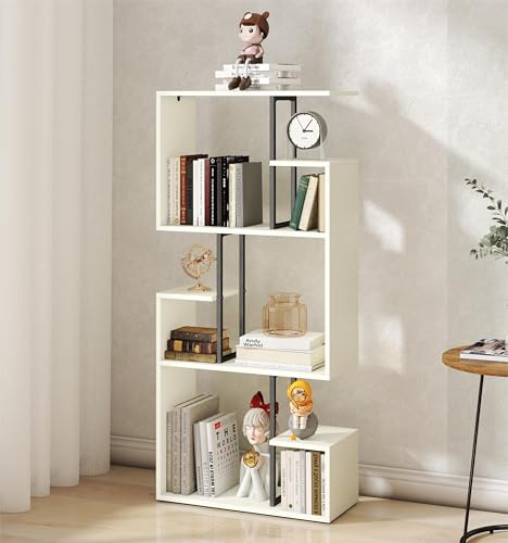 Bücherregal Weiß,Großes Bücherregal Holz mit Metallteilen, Raumteiler Regal für Wohnzimmer Kinderzimmer Home-Office,Stabiler Shelf mit Anti-Kippvorrichtung zum Aufbewahren von Büchern Dekoration,Weiß