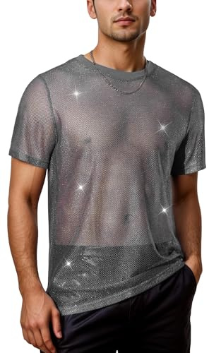 AIEOE Maglia da uomo, trasparente, Sparkle, maglietta Rave, maglia a rete, per discoteca, feste, S-XXL, argento, L