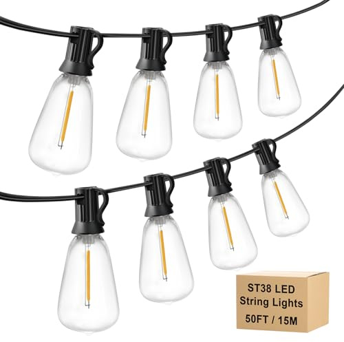 Kerry Outdoor String Lights Mains Powered, 15M/50FT Festoon IP45 Waterproof with 25+2 ST38 LED Globe Bulbs, Shatterproof Garden Lighting for Bistro Backyard Party Cafe Camping
