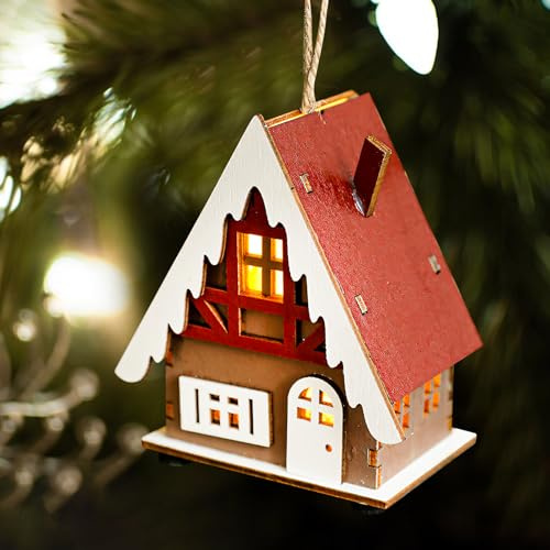 Holz Weihnachtsdorf mit Beleuchtung, Weihnachtsdeko Häuser Deko Anhänge Weihnachtshaus mit LED Beleuchtung Holzhaus zum Basteln Weihnachtsbaumschmuck Weihnachtsanhänger (A)