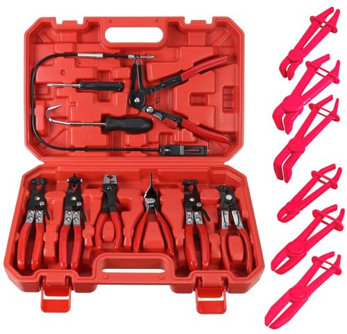 FreeTec 15tlg Schlauchklemmenzange Schlauchabklemmzange Set, 9 Schlauchschellenzange und 6 Schlauchabklemmzange, Klemmschellenzange kfz Abgewinkelte Federschellenzange Clic R Schellen Zangen für Auto