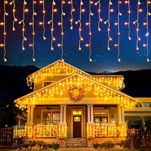 EcoNour Eiszapfen-Lichterkette für den Außenbereich, 240 LEDs, 7,5 m, warmweiß, mit Timer für Weihnachten, Garten & Party | Netzbetriebenes, transparentes Kabel
