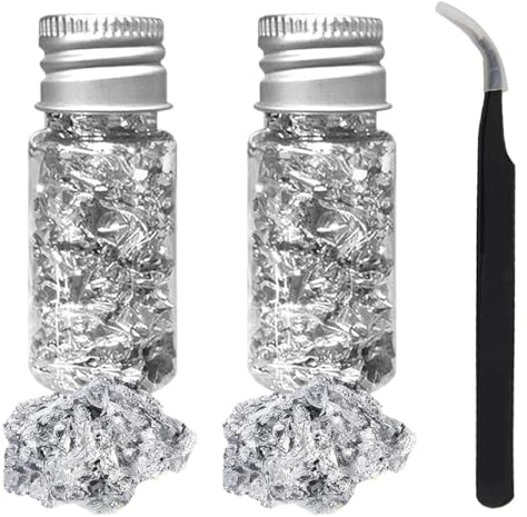 PLABBDPL 1 botellas de Decoración de papel de oro con 1Pinza, hojas de lámina de metal, Copos para Manualidades, Decoración de Uñas, Funda de Teléfono Móvil y Fabricación de Joyas de Resina, Plata