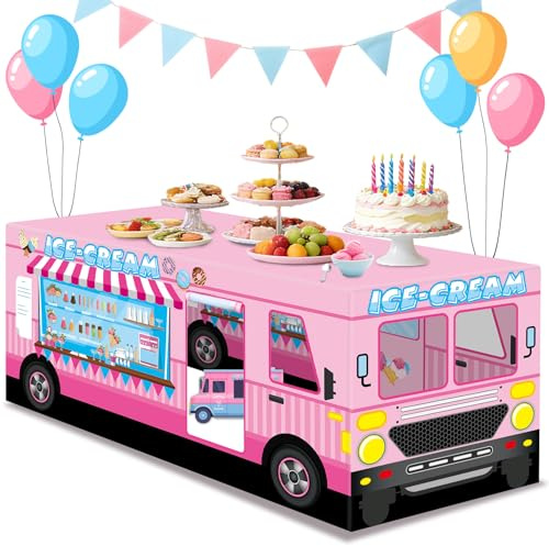 6Ft Ice Cream Truck Party Playhouse Tablecloth Large Ice Cream Table Fort Tent Cover Playhouse Sweet Dessert Cart Table Cover Pink Truck Polyester Rectangular Tablecloth for Summer Party Decor