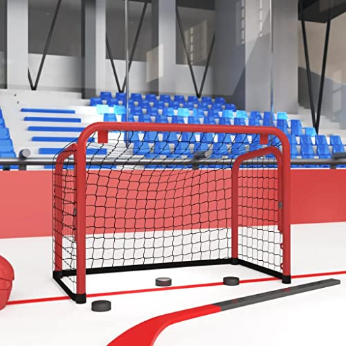 QUAHEAS Hockeytor mit Netz Rot und Schwarz 68x32x47 cm Stahl Polyester Trainingsgerät für Garten, Straße, Indoor und Outdoor, faltbar, tragbar, ideal für Eishockey, Streethockey, Feldhockey