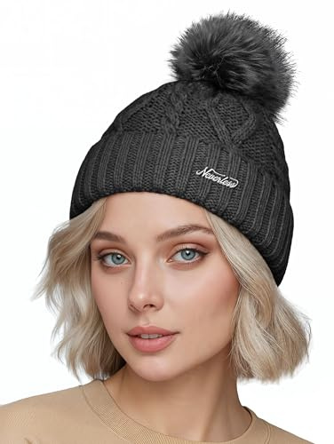Neverless® Damen Bommelmütze mit Fleecefutter Pudelmütze Strickbeanie Strickmütze Wintermütze