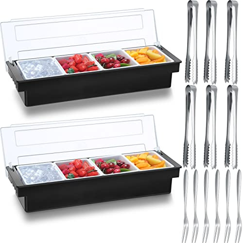 Gandeer 2 Ice Cooled Garnish Tray Deck Bar Garnish Caddy Condiment Containers with Lids and Removable Chilled Condiment Server with 6 Tongs and 6 Fruit Forks (4 Compartments)