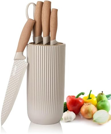 Messer Set, 6-teiliges Khaki Scharfes Messerblock Set für Küche, Antihaft Rutschfestes Edelstahl-Kochmesser-Set mit Universal-Messerblock Geeignet für Home Restaurant Picknick (Khaki)