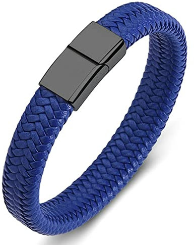 Ayoiow Männer Armband Indianer, Edelstahl Armband Herren Herren Armband Leder Schwarz Blau Flechtarmband mit Schwarz Schnalle
