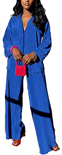 kaimimei Casual 2-Piece Outfit for Women - Linen Long Sleeve Button Down Shirt + Flare Pleated Wide Leg Pants Sets Streetwear