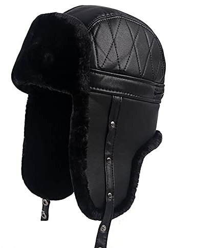 GaRcan Bombermützen, Winter, warm, Leder, Pilotenmütze, Herren, schwarz, Schneemützen, warm, cm cm (Stil 2aschwarzes Fell L(57a58) cm)