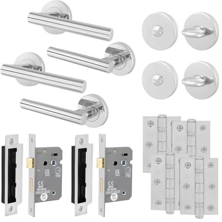 EAI Polished Chrome Door Handles with Bathroom Lock, Hinges - Oliena | Complete Bathroom Kit with 2 Pairs of T-Bar Door Handles, 76mm Lock, 76mm Hinges and Thumb Turn Set, Fixings Included