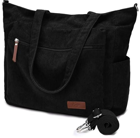 Kasgo Bolso Tote de Pana Grande para Mujer - Portátil a Mano, Cruzado y al Hombro, Ideal para Universidad, Trabajo, Compra y Ordenador Portátil, Negro