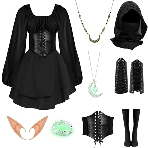 IEEILULU Vestido Medieval Mujer con Capucha, Vestido Gótico Retro Mujer, Disfraz Renacentista con Corsé, Orejas de Elfo para Carnaval Halloween Cosplay (Negro, M)
