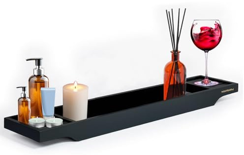 MantraRaj Bamboo Bath Caddy - Wooden Bathtub Bridge Rack With Storage Shelf Organizer for Reading, Tablet, Wine Glass and Accessories (Black)