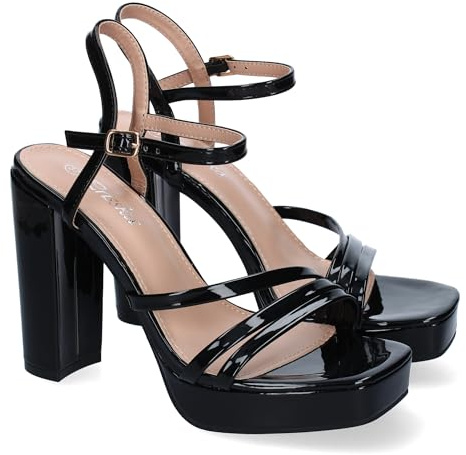 shoes&blues.es 89818 Sandalia de Tacon para Mujer, Diseno Moderno y Elegante, con Tiras Cruzadas en la Pala, Ideales para Eventos y Cierre de Hebilla. Negro Talla 35