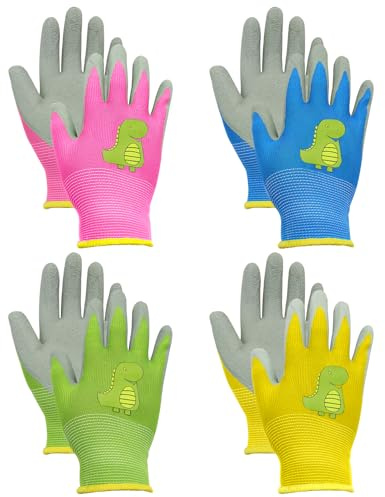 BORISCA 4 Paar Gartenhandschuhe Kinder, Arbeitshandschuhe Kinder mit Dinosauriermuster in 4 Farben, Niedliche kinderhandschuhe Garten Verschleißfeste Rutschfeste Schutzhandschuhe für 3-5 Jahre kinder