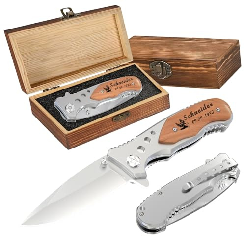 PolyYL Personalisiertes Klappmesser aus Edelstahl mit Einem Holzgriff, Als Geschenk für Männer, Vatertag, Geburtstag oder Weihnachte (White wood)