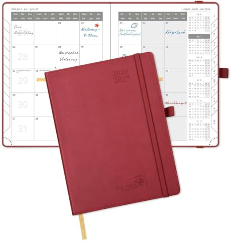 POPRUN Agenda Månadskalender 2026 2027, Juli'26 - Dec'27, 18 Månader 22 x 16,5 cm, 2 Sidor per Månad, Skolkalender, Mjuk PU Läderomslag, Papper 100 gsm,Rödvin