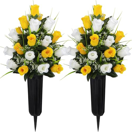 Velibobo 2 set di fiori artificiali per cimitero, rose per tombe, mazzo commemorativo con vaso per decorazioni di lapidi cimiteriali (Giallo-Bianco)