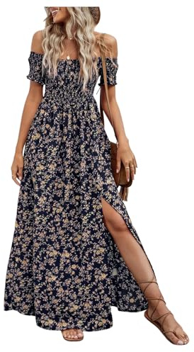 GORGLITTER Women's Off The Shoulder Floral Dress Beach Going Out Maxi Dress | Short Sleeve A Line High Split Flowy Summer Long Dress, Boho A-Line Sundress