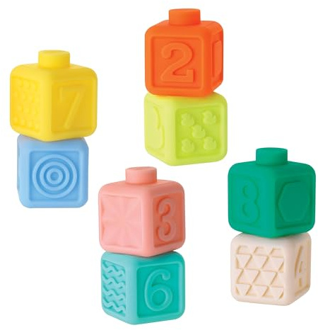 Infantino Squeeze & Stack Softblock-set, 8 färgglada, strukturerade mjuka block, med siffror och sensoriska texturer, BPA-fri, från 6 månader