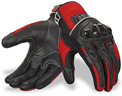 Oro Biker Motorbike Motorcycle Gloves, Premium Leather and Summer Mesh Hard Knuckle Touch Screen Motorbike Gloves Racing ATV Riding Gloves for Men (Large, Black/Red)