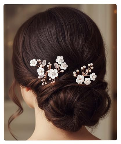 Fairvir Braut Hochzeit Blume Haarnadeln Strass Brautschmuck Perle Haarnadel Haarschmuck für Damen und Mädchen (2 Stück) (Roségold)