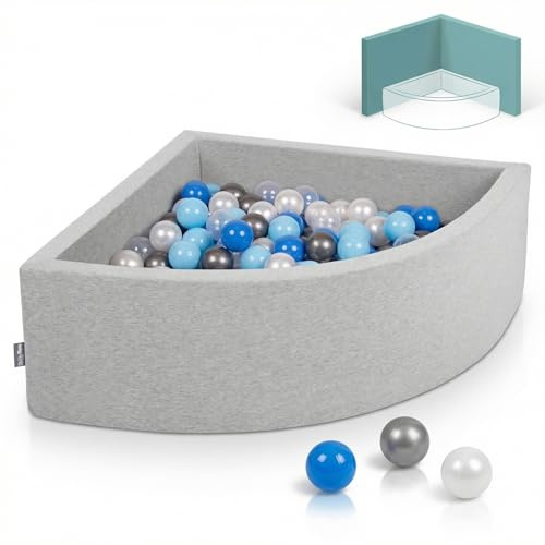 KiddyMoon Eckiges Viertel Bällebad 90x30 cm mit 200 Bälle 7 cm Schaumstoff Bällepool für Baby und Kleinkinder - Hellgrau: Perle Blau Babyblau Transparent Silbern