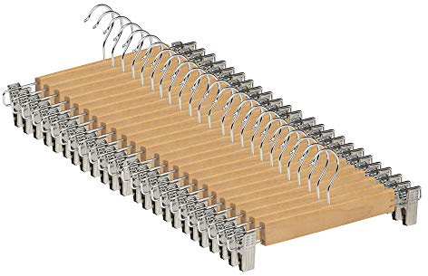 COM-FORT HOUSE Percha Madera Maciza para Faldas, Pantalones y Vaqueros, Color Natural con Clips Ajustables Anticorrosión y Gancho Giratorio (24, Natural)