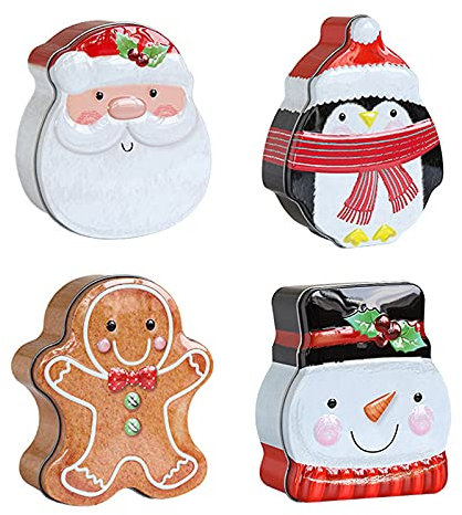Mokyler 4 PCS Christmas Tin Gift Box Penguin Gingerbread Man Santa Snowman Shape Tin Box, Creative Candy Cookie Storage Tins Metal Empty Tins for Party Favor Supplies
