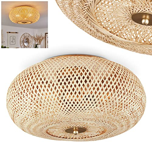 Deckenleuchte Bauro, runde Deckenlampe aus Holz/Metall in Natur/Messingfarben, Leuchte in Gitter-Optik mit tollen Lichteffekten an der Decke, Ø 38 cm, 3-flammig, 3 x E27, ohne Leuchtmittel