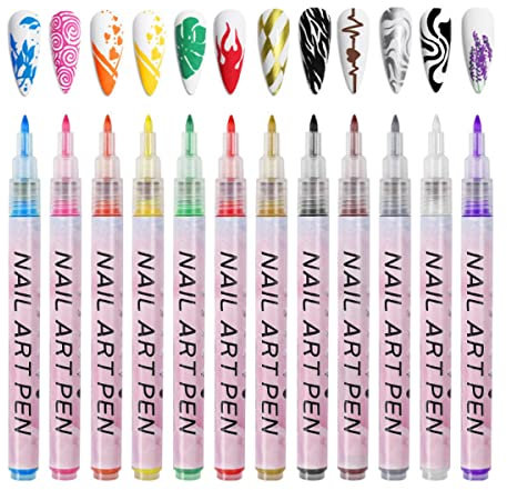 12 Farben 3D Nagellack Stift Set, Nagelkunststift,Nagelspitze Nail Art Pen,Graffiti-Punktierungsstift, Zeichnen Malen Liner für DIY Nagelkunst, Schönheit, Maniküre Werkzeuge für Halloween,Weihnachten