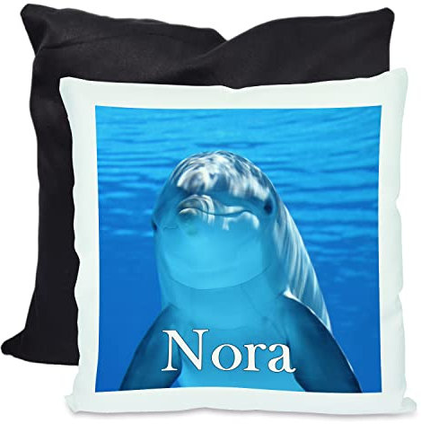 CreaDesign, Kinder Kissen 40x40 cm personalisiert mit Namen, Kinderzimmer Deko Kissen Kinder mit Füllung Federn, Motiv Delfin, Rückenfarbe Schwarz