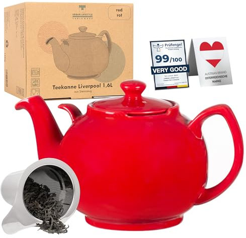 Urban Lifestyle Liverpool Théière en céramique avec infuseur en acier inoxydable Rouge 1,6 l