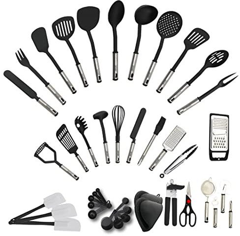 CHEFCHY 42-Piece Set, A complete Kitchen Utensils Set made of Stainless Steel and Nylon – Heat Resistant, Non Toxic, Food safe, for Home, Business and camping, Silver / Black