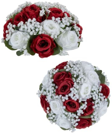 BLOSMON Kunstblumen Rosen Schleierkraut Dekoration: 2 Stück Burgundisch Künstliche Rose Gypsophila Blumenstrauß Blumen Kugeln für Hochzeitsdeko Tischdeko Party Tafelaufsätze Zuhause Zimmer Deko