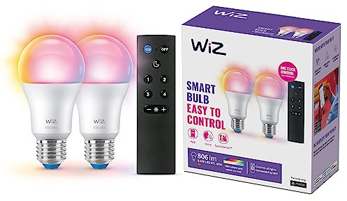 WiZ Pack de 2 bombillas con mando a distancia - Luz de color y blanca - Bombilla LED inteligente -E27-60 W - Conecta a Wi-Fi - Fácil de controlar, con tecnología SpaceSense
