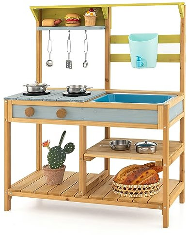 COSTWAY Matschküche Kinder Outdoor, Kinderküche Holz mit Wasserfunktion, Spielküche mit Haken & abnehmbarem Regal, Gartenküche Geschenke für Kinder ab 3 Jahren (Modell 1)