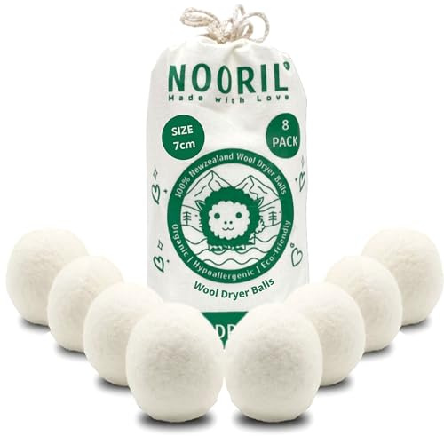 Nooril Tumble Dryer Balls, Pack of 8 XL Organic Wool Dryer Balls for Laundry, Fabric Softening Handmade Reusable Laundry Balls for Tumble Dryer, Reduce Drying Time & Noise