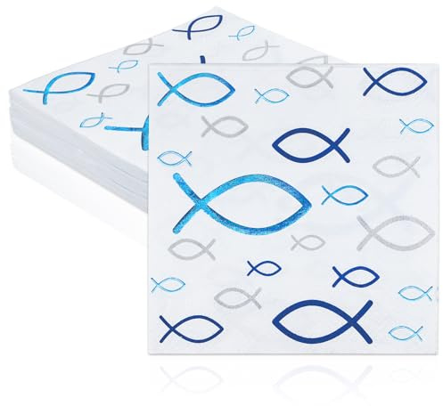 Servietten Taufe 20 Stück Fisch Blau Goldfolie Papierservietten Partygeschirr Weiß 33cm Party Serviette Taufe Dekoration für Kommunion, Konfirmation, Tischdeko