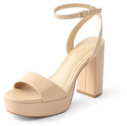 DREAM PAIRS Platform High Heels for Women Chunky Round Open Toe Ankle Strap Stylish Heeled Sandals for Party Prom Wedding,Size 6.5,Nude-Pu,SDHS2423W