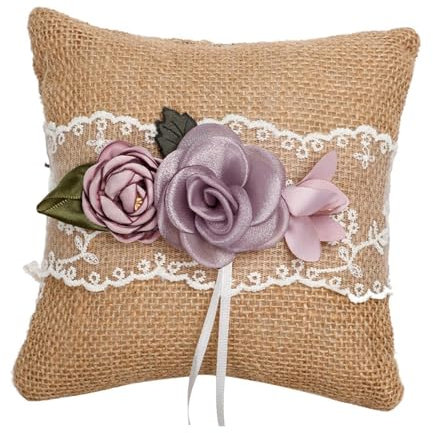 Easnea Sackleinen Ringkissen, Rustikales Ringträger Kissen, Jute Hochzeit Ringkissen Blume Ringkissen Spitze Ringkissen für Hochzeitszeremonie Party (Kissen,Violett)