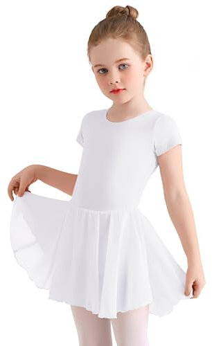 Eisnnu Tjej Balettklänning Dansklänning Tutu Body Gymnastik Bomull Kortärmad med chiffong kjol lämplig för ålder 2–11 år, Vit, 110-122