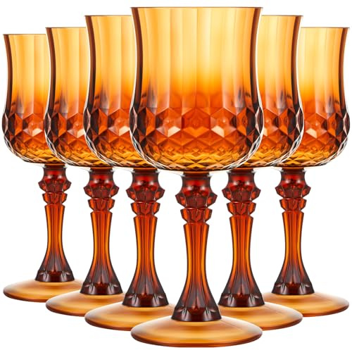 Pinkunn 6 Pcs 7 oz Plastic Wine Glass Drinking Goblets, Amber | Fall Wine Glasses, Autumn Martini Glasses,Goblets for Thanksgiving Party, Plastic Drinking Water Cups for Reception Events