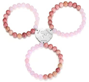 PiercingJak 3er Freundschaftsarmband mit Best Friends Forever Gravur Herz Puzzle BFF Anhänger Perlenarmband 8mm Edelstein Perlen Armbänder Freundschaft Geschenke für Beste Freundinen Freunde