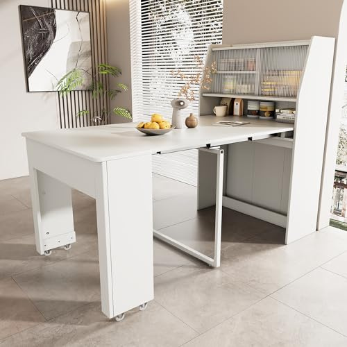 Rtopsu Tavolo da Pranzo Allungabile 132,5x80 cm con Ruote, Moderno Ravolo da Bar Multifunzionale per 2-4 Persone con Contenitore Ripiani e Armadietto per Sala da Pranzo Cucina Soggiorno, Bianco