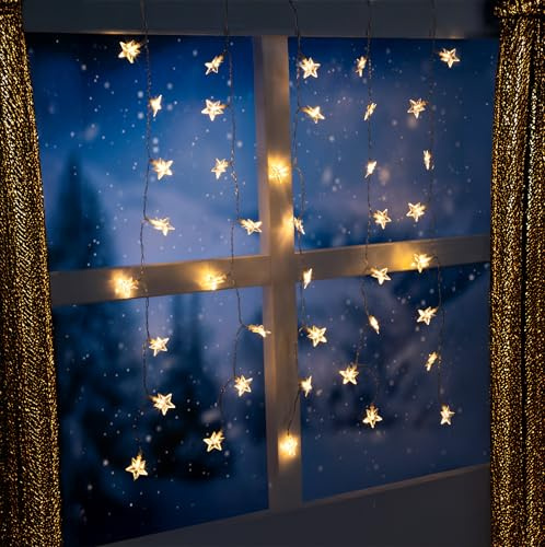 Spetebo LED Sternenvorhang warm weiß mit Timer für Außen und Innen - 80 x 60 cm - Lichterkette mit 40 Sternen Batterie betrieben - Weihnachten Advent Outdoor Stern Lichterkette Deko Beleuchtung
