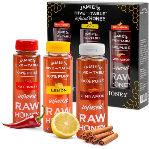 Jamie's Hive to Table Lot de 3 bouteilles à presser pour cannelle, citron et miel infusé chaud, 340,2 g, miel pur et non filtré, gourmet, sans gluten, miel aromatisé naturel