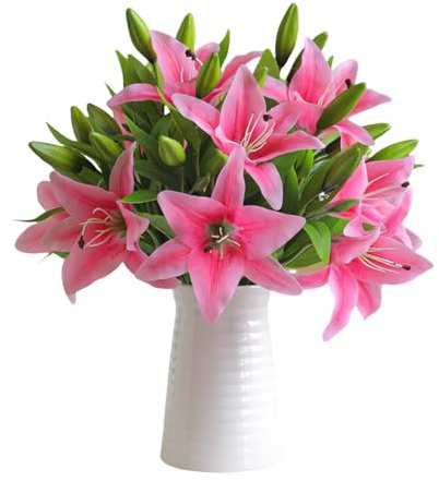 TONGMAN Lot de 6 fleurs de lys tigrées artificielles au toucher blanc pour centre de table de mariage, maison, fête, jardin, bureau (poudre profonde)